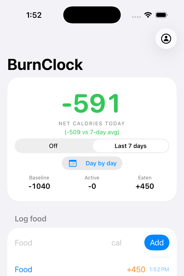 BurnClock iPhone app showing a live net calorie countdown with a 7-day comparison